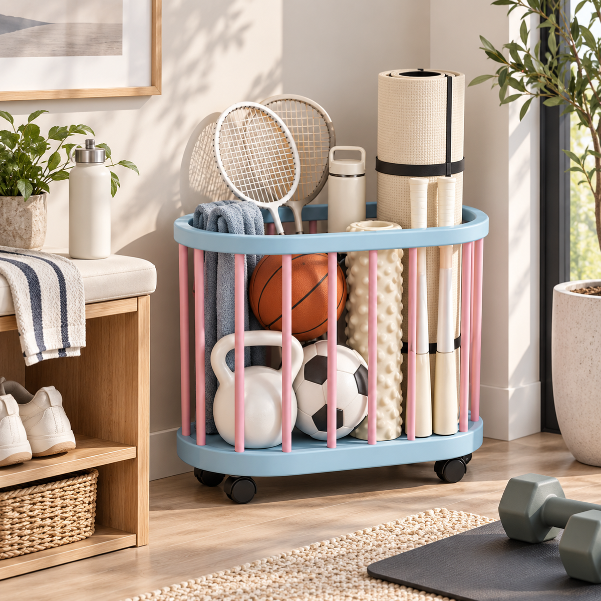 Pastel Blue & Pink Rolling Sports Storage Cart