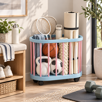 Pastel Blue & Pink Rolling Sports Storage Cart