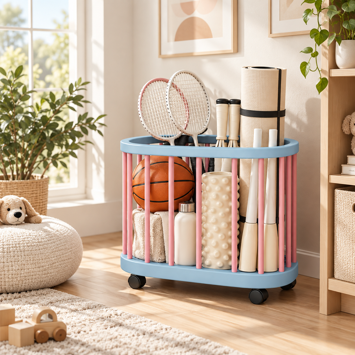 Pastel Blue & Pink Rolling Sports Storage Cart