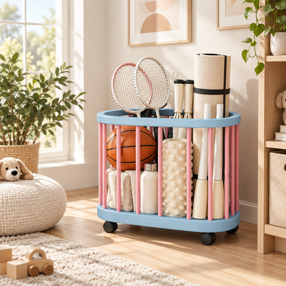 Pastel Blue & Pink Rolling Sports Storage Cart